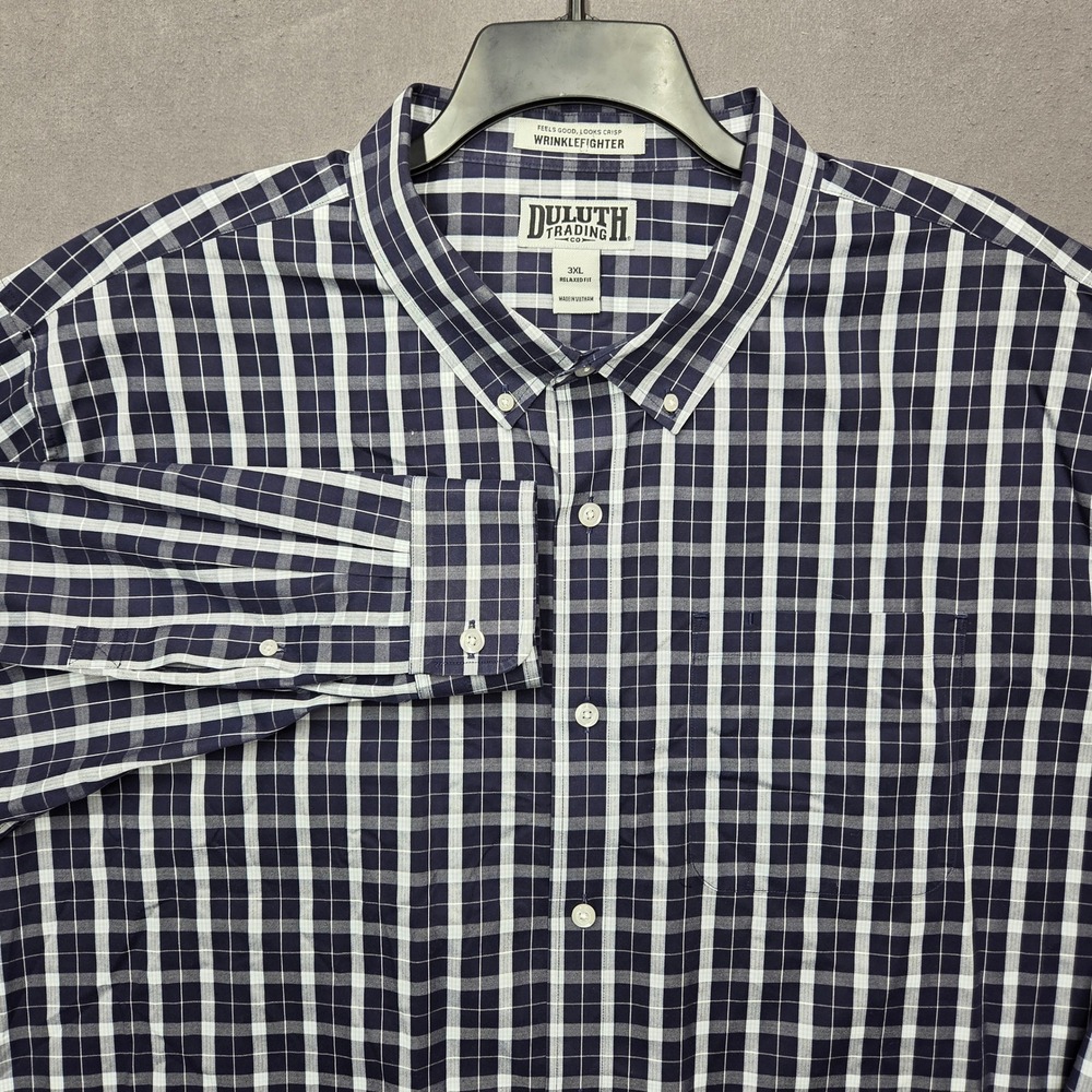 Duluth Trading Co Wrinklefighter Shirt Mens 3XL Relaxed Fit Navy Plaid 106803